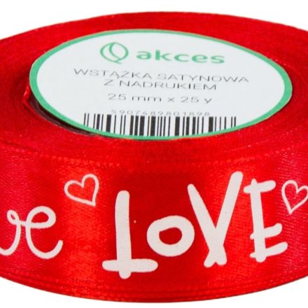 Satin ribbon with print LOVE red 25 mm x 22 m