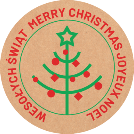 Holiday stickers round kraft 35 mm Merry Christmas tree. 200 pc